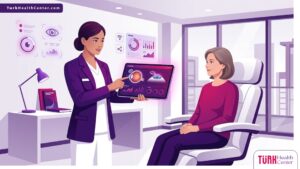 رسم توضيحي يظهر طبيب عيون يشرح تفاصيل سعر عملية الفيمتو ليزك بالدولار في تركيا لمريض داخل عيادة فاخرة 