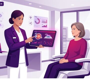 رسم توضيحي يظهر طبيب عيون يشرح تفاصيل سعر عملية الفيمتو ليزك بالدولار في تركيا لمريض داخل عيادة فاخرة 