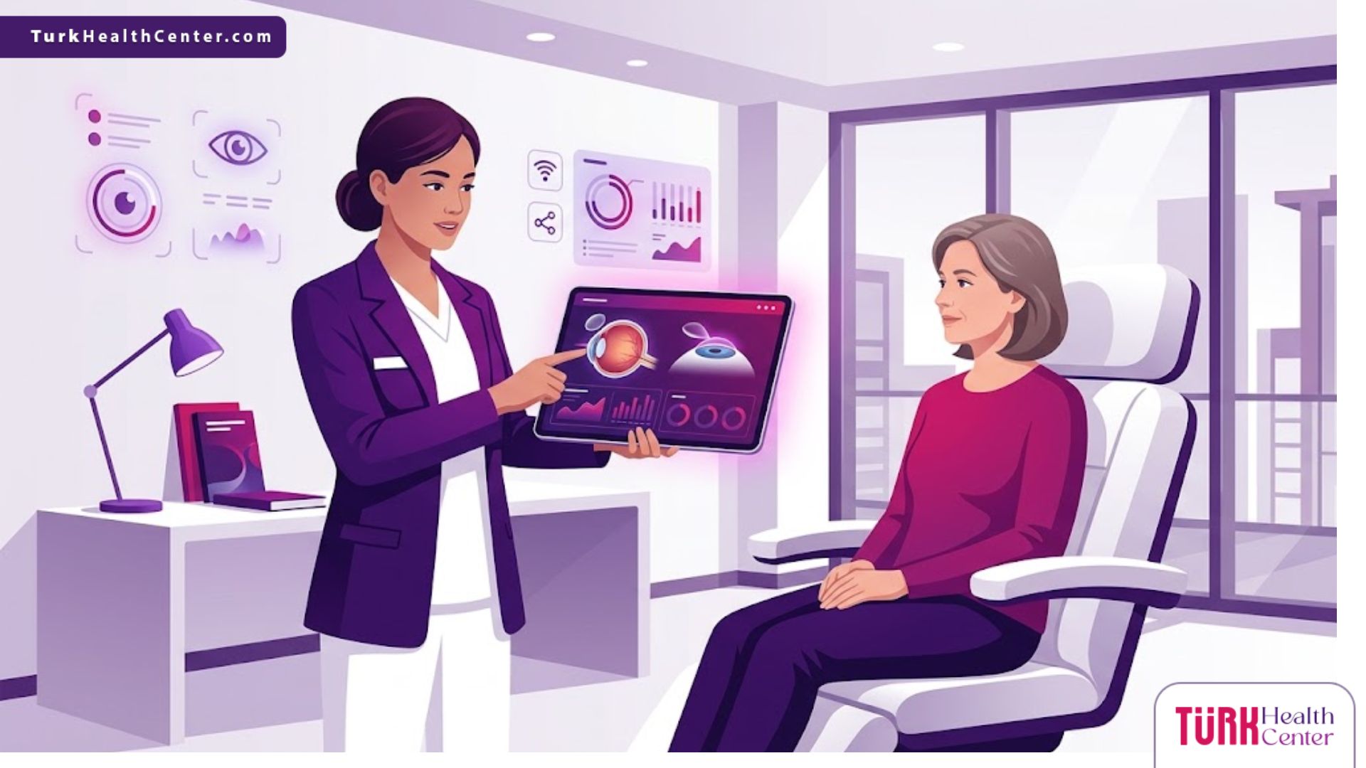 رسم توضيحي يظهر طبيب عيون يشرح تفاصيل سعر عملية الفيمتو ليزك بالدولار في تركيا لمريض داخل عيادة فاخرة 