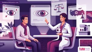 رسم توضيحي لعيادة طبية فاخرة يشرح فيها الطبيب مخاطر عمليات الحول في تركيا للمريض بأسلوب مهني 