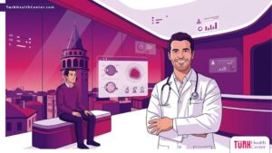 رسم توضيحي يظهر طبيباً يشرح خطوات العلاج في مركز متخصص لعلاج القرنية المخروطية بأسلوب عصري وألوان احترافية 