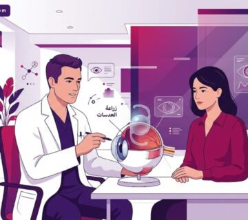 رسم توضيحي عصري يظهر طبيب يشرح عملية زراعة العدسات في تركيا لمريض داخل عيادة فاخرة 