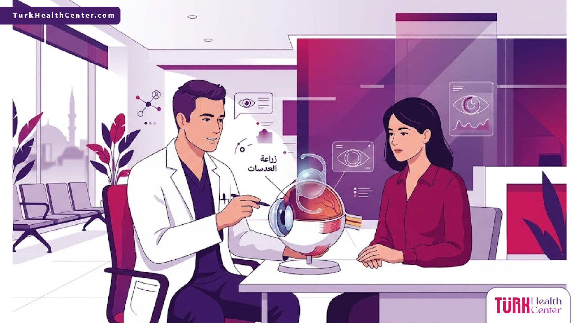رسم توضيحي عصري يظهر طبيب يشرح عملية زراعة العدسات في تركيا لمريض داخل عيادة فاخرة