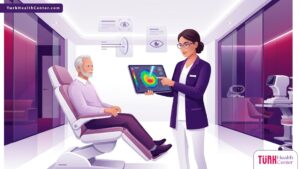 رسم توضيحي يوضح استشارة طبية حول سعر عملية الفيمتو ليزك شامل الفحوصات داخل عيادة عيون متطورة 