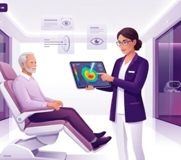 رسم توضيحي يوضح استشارة طبية حول سعر عملية الفيمتو ليزك شامل الفحوصات داخل عيادة عيون متطورة 