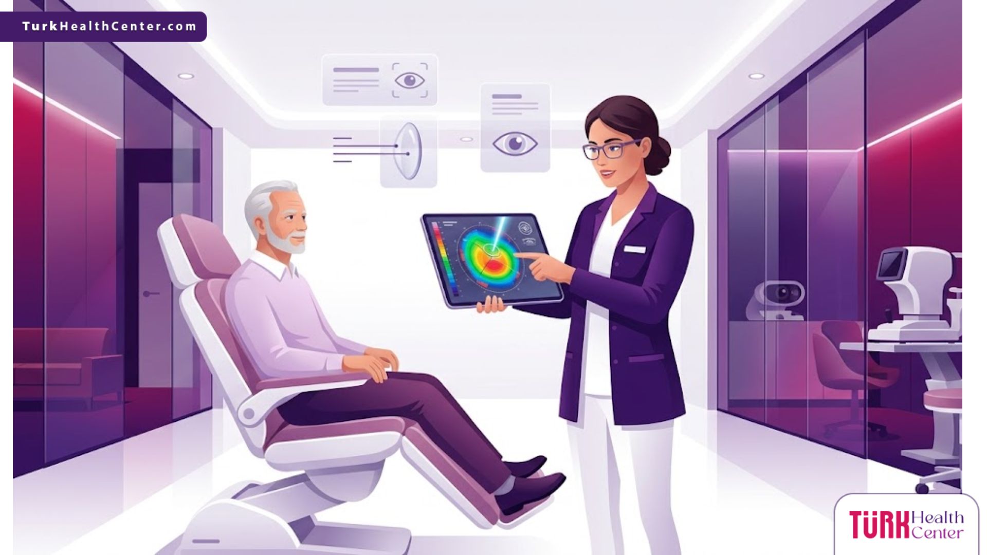 رسم توضيحي يوضح استشارة طبية حول سعر عملية الفيمتو ليزك شامل الفحوصات داخل عيادة عيون متطورة 