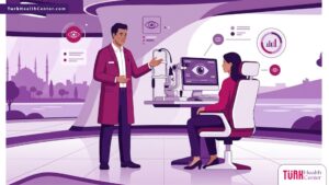 رسوم توضيحية لعيادة حديثة تشرح عملية سعر قياس النظر بالكمبيوتر في تركيا بألوان احترافية 