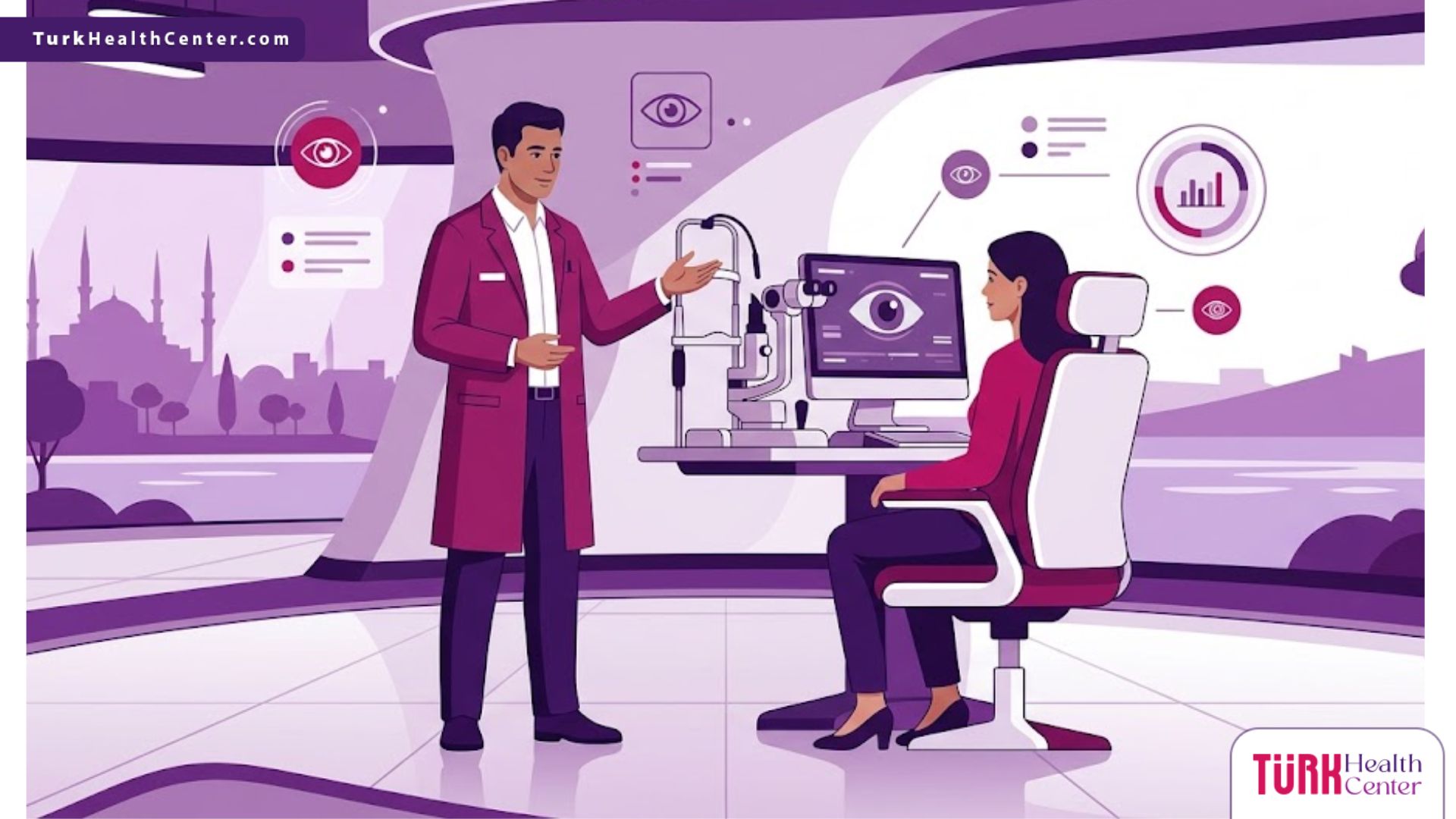 رسوم توضيحية لعيادة حديثة تشرح عملية سعر قياس النظر بالكمبيوتر في تركيا بألوان احترافية 