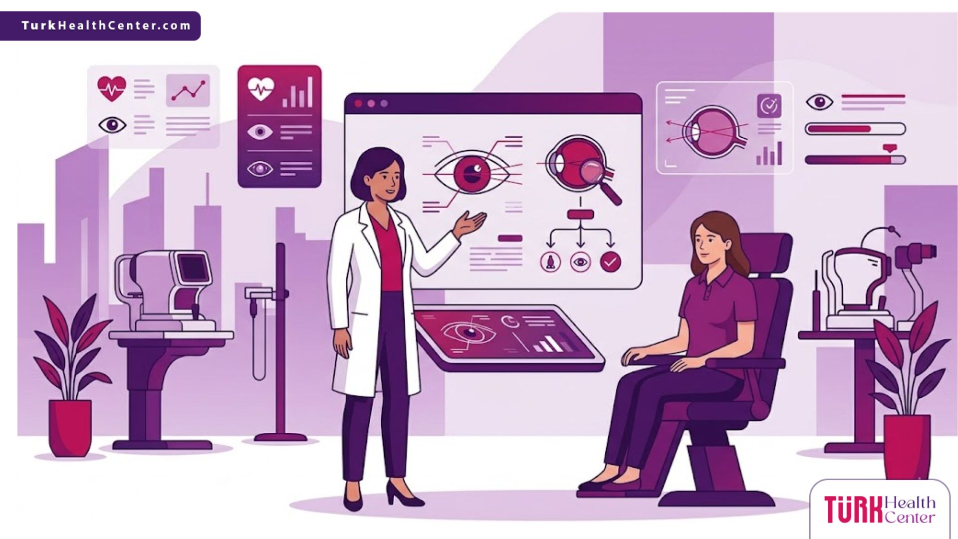 رسم توضيحي حديث يظهر طبيب عيون يشرح مخاطر تصحيح طول النظر في تركيا لمريض داخل عيادة فاخرة بألوان أرجوانية 