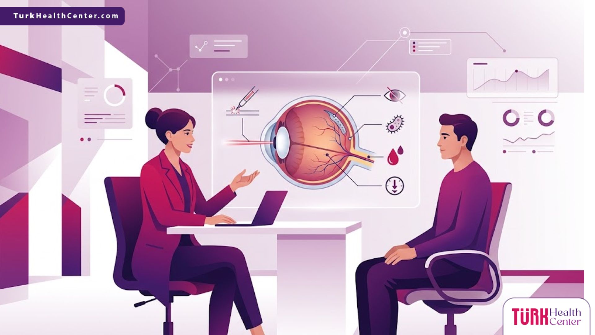 رسم توضيحي يظهر طبيب يشرح مخاطر عمليات ضغط العين في تركيا للمريض داخل عيادة حديثة 