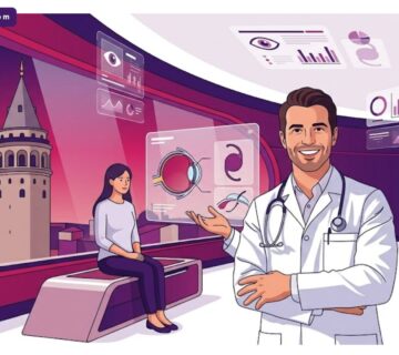 رسم توضيحي عصري لطبيب يشرح إجراءات العلاج في مستشفى زراعة عدسات العيون في تركيا بألوان فاخرة 