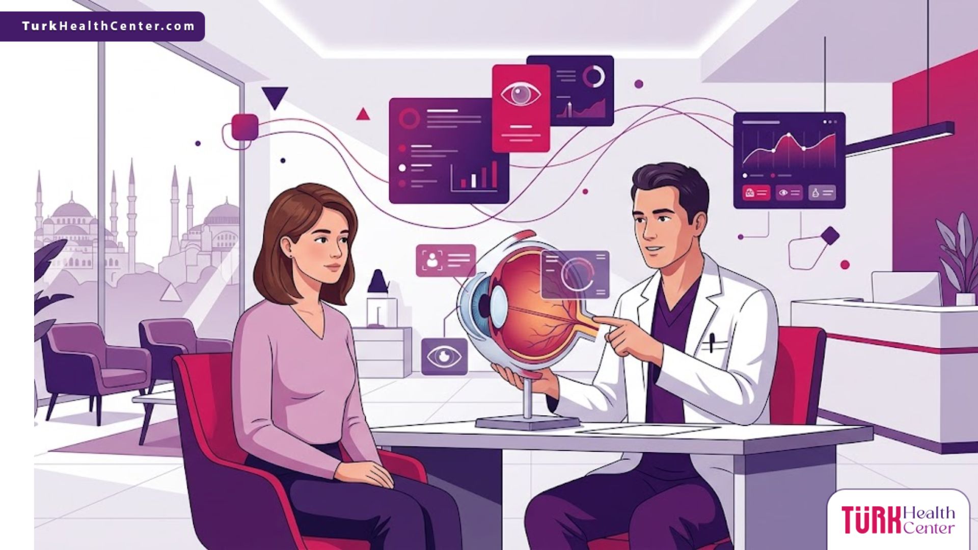 رسم توضيحي يظهر طبيباً يشرح خطوات عملية زراعة القرنية في تركيا لمريض داخل عيادة عيون فاخرة