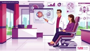 رسم توضيحي يظهر طبيب عيون يشرح للمريض مخاطر زراعة العدسات الداخلية في تركيا داخل عيادة طبية حديثة 