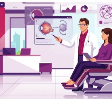 رسم توضيحي يظهر طبيب عيون يشرح للمريض مخاطر زراعة العدسات الداخلية في تركيا داخل عيادة طبية حديثة 