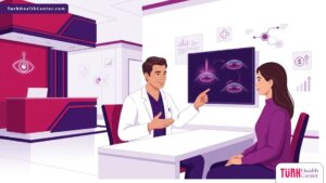 رسم توضيحي عصري يظهر طبيب يشرح سعر عملية الفيمتو ليزك في تركيا لمريض داخل عيادة فاخرة 