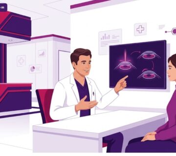 رسم توضيحي عصري يظهر طبيب يشرح سعر عملية الفيمتو ليزك في تركيا لمريض داخل عيادة فاخرة 