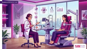 رسم توضيحي حديث لعيادة عيون متطورة توضح إجراءات سعر قياس ضغط العين في تركيا مع طبيب مختص 
