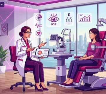 رسم توضيحي حديث لعيادة عيون متطورة توضح إجراءات سعر قياس ضغط العين في تركيا مع طبيب مختص 