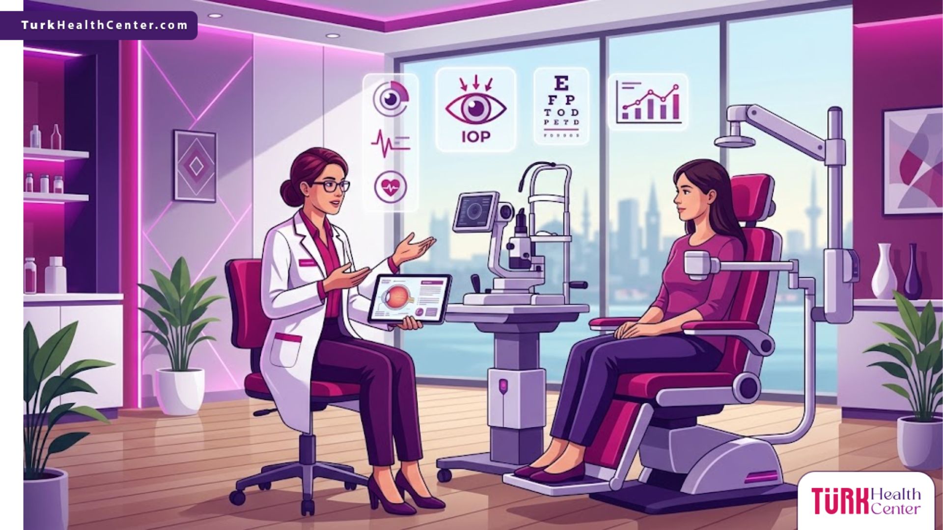 رسم توضيحي حديث لعيادة عيون متطورة توضح إجراءات سعر قياس ضغط العين في تركيا مع طبيب مختص 