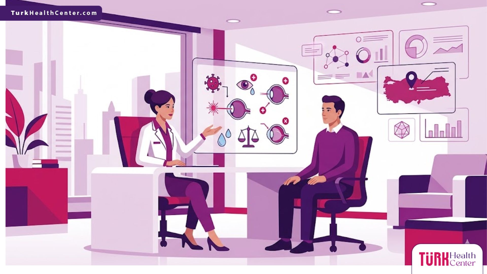 رسم توضيحي لطبيب يشرح مخاطر عملية الفيمتو سمايل في تركيا لمريض داخل عيادة حديثة بأسلوب فني راقٍ