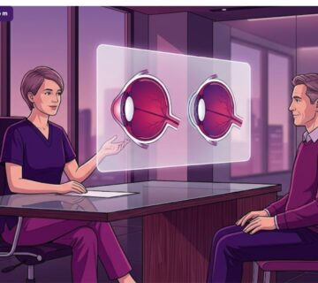 رسم توضيحي يظهر طبيب يشرح خدمات مستشفى علاج القرنية المخروطية للمريض داخل عيادة عصرية 