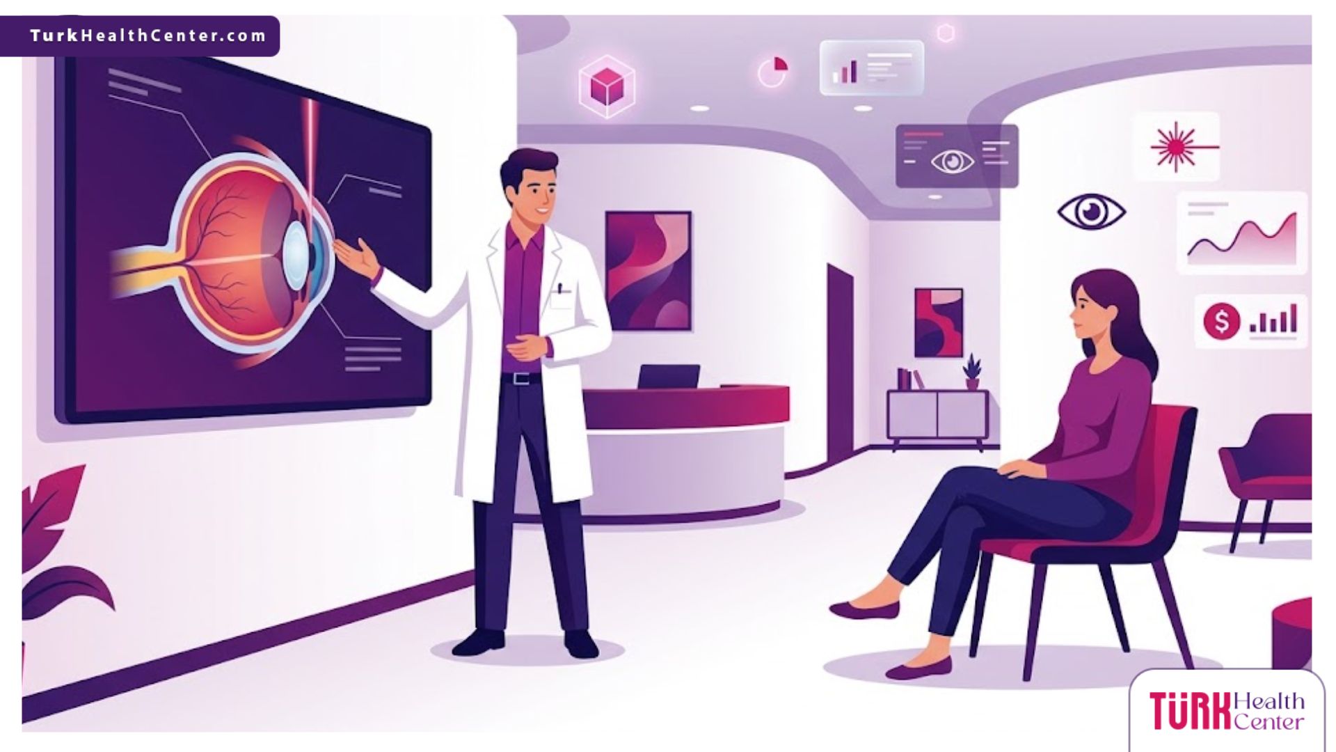 رسم توضيحي لاستشارة طبية حول سعر عملية الليزك السطحي في تركيا داخل عيادة عصرية 