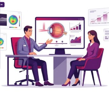 رسم توضيحي عصري يظهر طبيب عيون يشرح تفاصيل سعر كشف الليزك في تركيا لمريض في عيادة فاخرة 