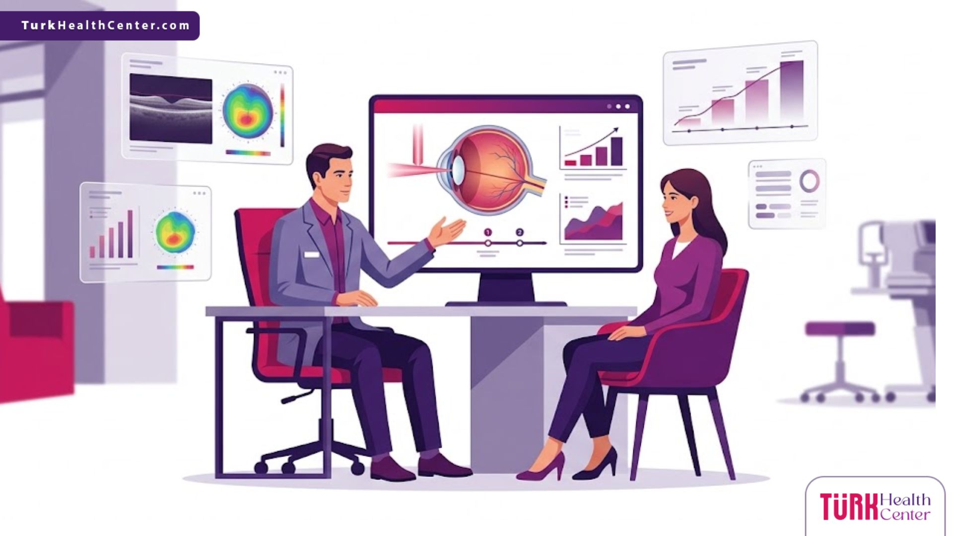 رسم توضيحي عصري يظهر طبيب عيون يشرح تفاصيل سعر كشف الليزك في تركيا لمريض في عيادة فاخرة 