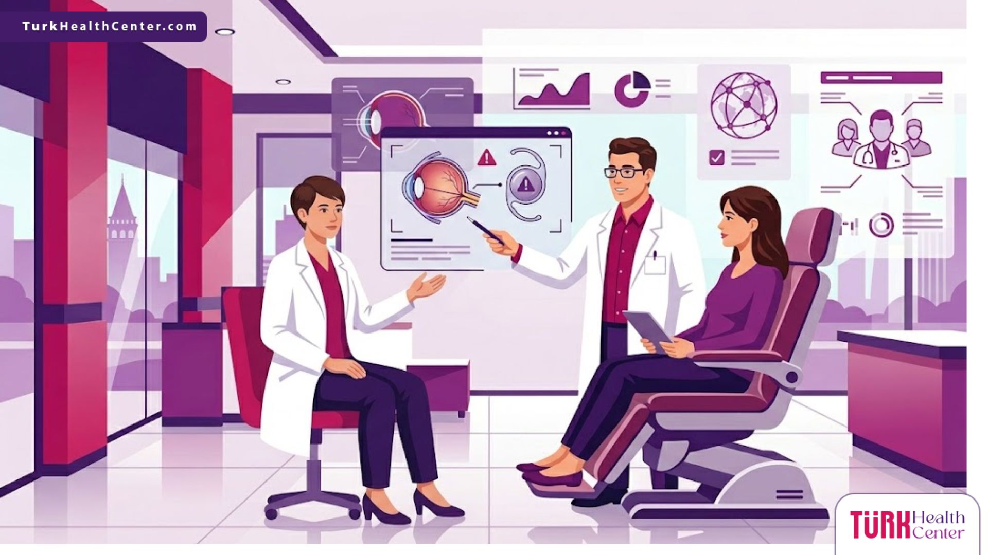 رسوم توضيحية لعيادة فاخرة تشرح سبل الوقاية من مخاطر زراعة العدسات في تركيا 