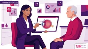 رسوم توضيحية عصرية لطبيب يشرح مخاطر عملية الفيمتو ليزك في تركيا داخل عيادة عيون فاخرة 