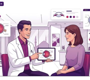 رسوم توضيحية لعيادة عيون حديثة تشرح خطوات زراعة القرنية في تركيا للمرضى بأسلوب عصري 