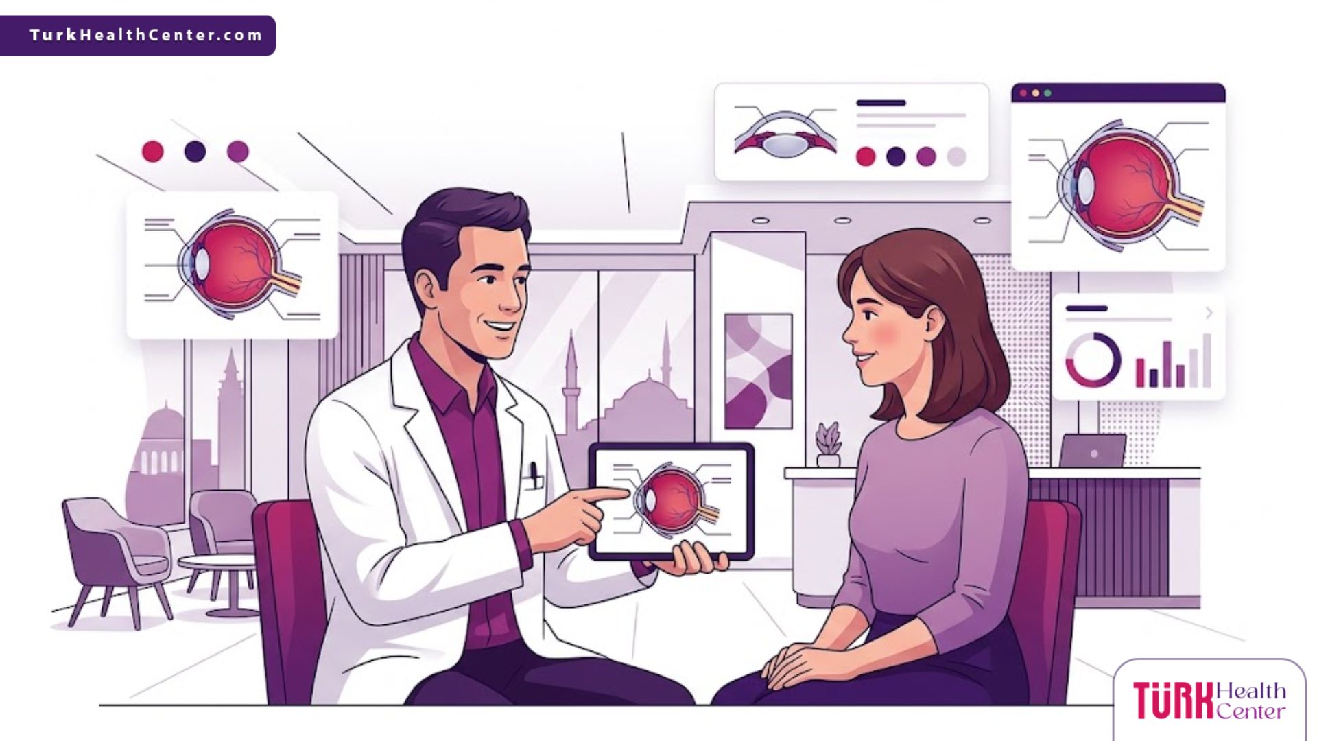 رسوم توضيحية لعيادة عيون حديثة تشرح خطوات زراعة القرنية في تركيا للمرضى بأسلوب عصري