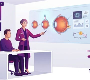 رسم توضيحي عصري يوضح استشارة طبية حول سعر عملية الليزك في تركيا داخل عيادة عيون فاخرة 