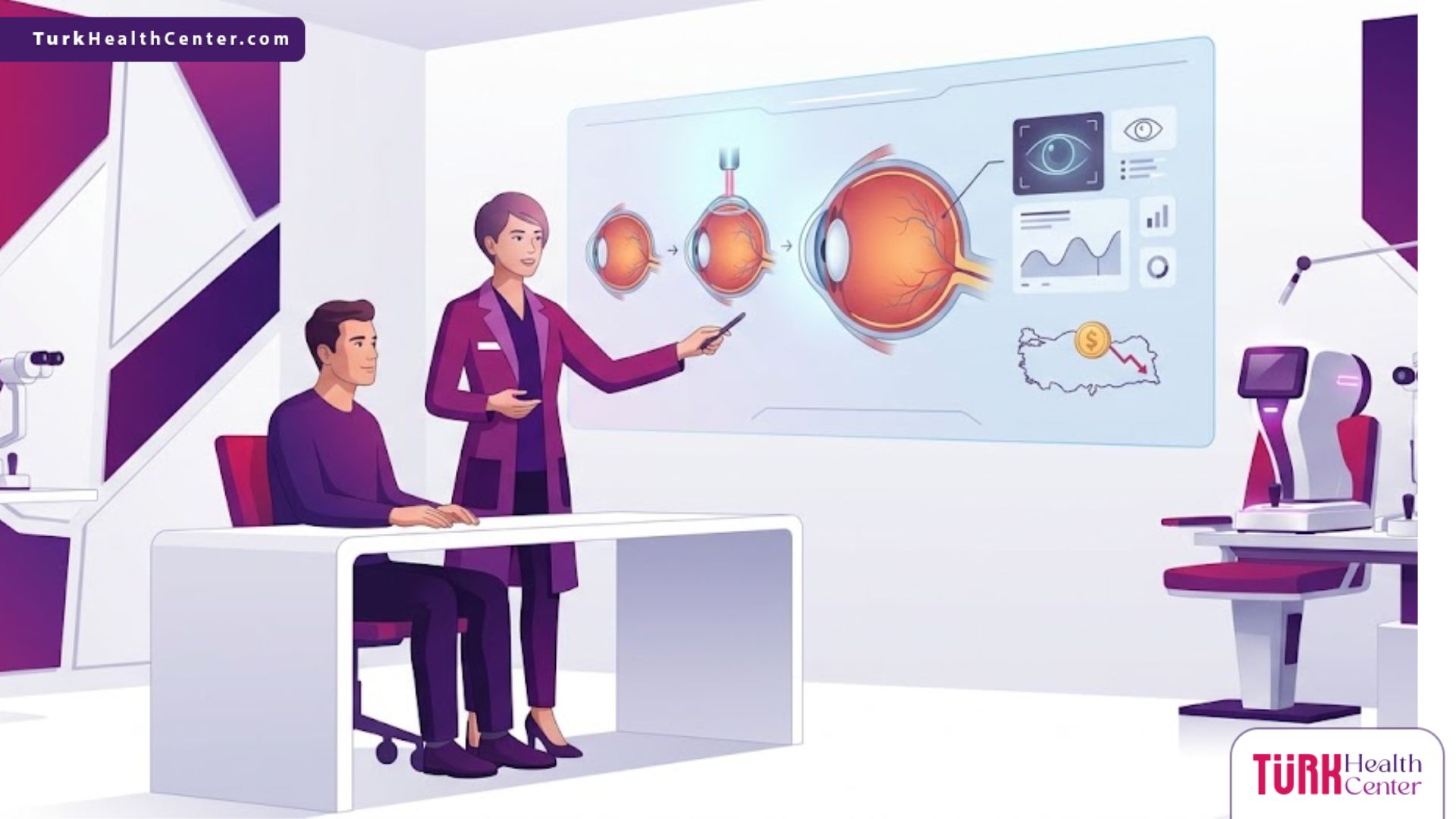 رسوم توضيحية لعيادة طبية حديثة تشرح تفاصيل سعر عملية المياه البيضاء الخلقية للمرضى 