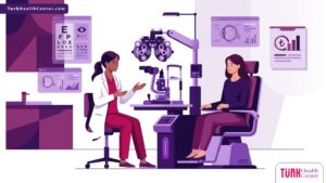 رسوم توضيحية لعيادة عيون حديثة تشرح سعر كشف النظر في تركيا والخدمات الطبية المقدمة 