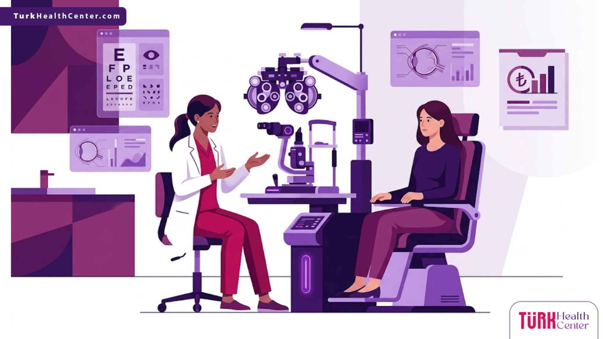 رسوم توضيحية لعيادة عيون حديثة تشرح سعر كشف النظر في تركيا والخدمات الطبية المقدمة 