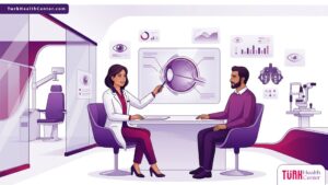 رسومات توضيحية لعيادة عيون حديثة تشرح مخاطر عملية الليزك السطحي في تركيا للمرضى 
