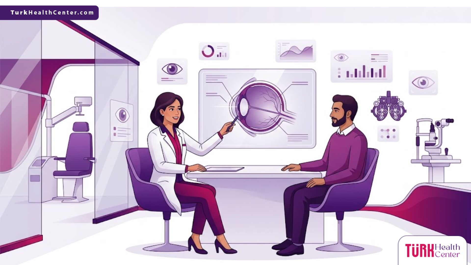 رسومات توضيحية لعيادة عيون حديثة تشرح مخاطر عملية الليزك السطحي في تركيا للمرضى