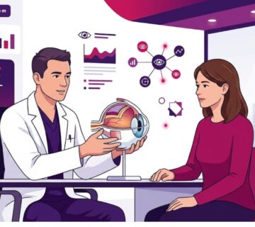 رسوم توضيحية لعيادة عيون فخمة توضح شرح الطبيب حول سعر العدسات السويسرية للعين في تركيا 