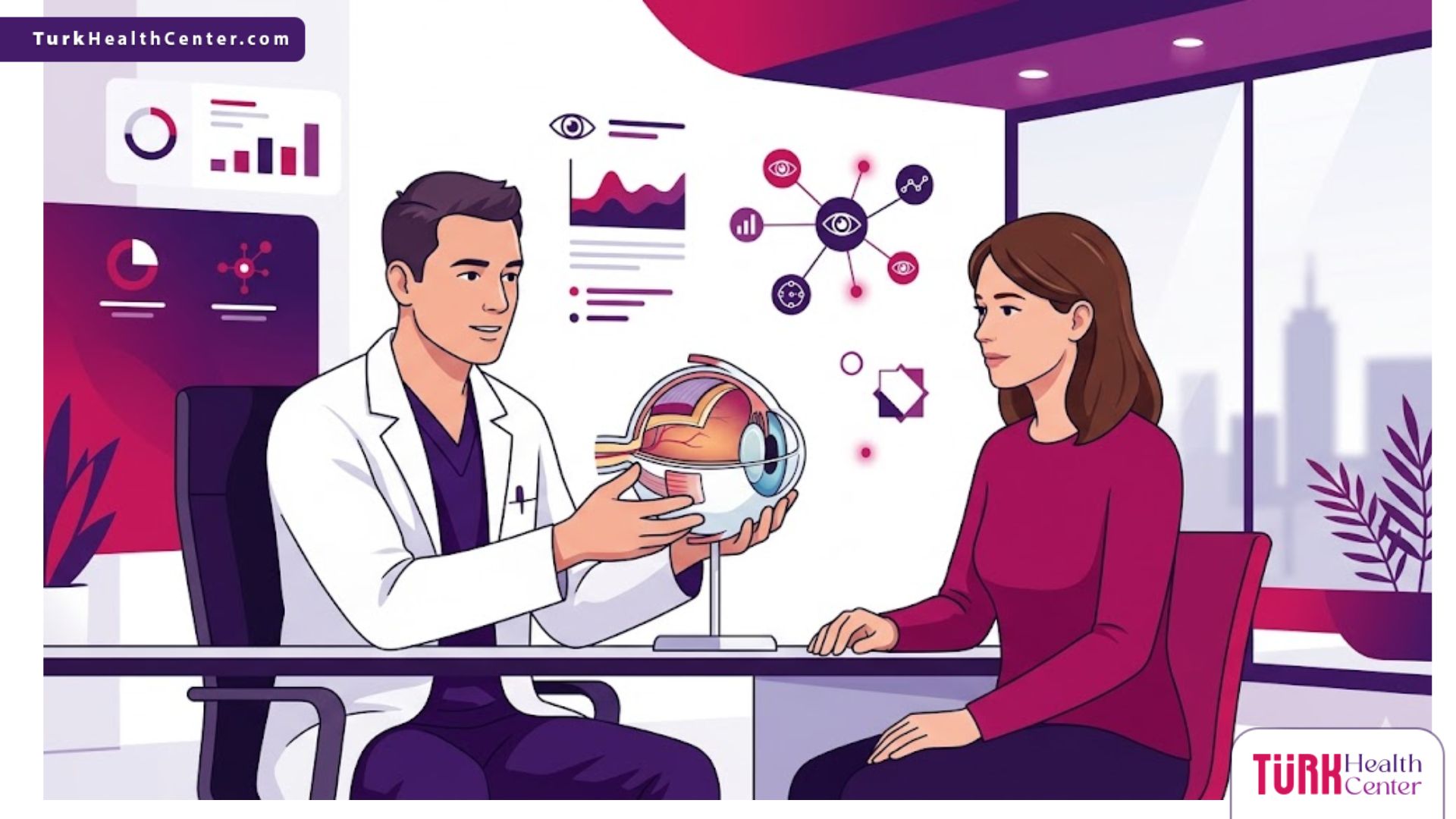 رسوم توضيحية لعيادة عيون فخمة توضح شرح الطبيب حول سعر العدسات السويسرية للعين في تركيا