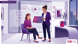 رسم توضيحي عصري لعيادة فاخرة يشرح فيها الطبيب تفاصيل عمليات التجميل الجراحية للمريض 