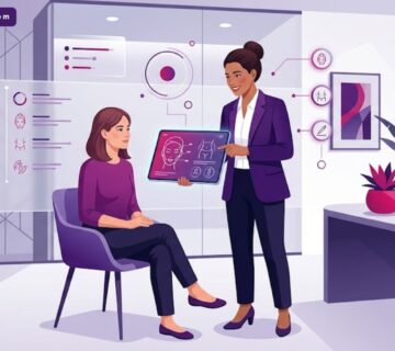 رسم توضيحي عصري لعيادة فاخرة يشرح فيها الطبيب تفاصيل عمليات التجميل الجراحية للمريض 