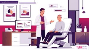 رسم توضيحي يظهر طبيباً يشرح للمريض طريقة النوم بعد عملية زراعة الشعر في عيادة طبية حديثة 