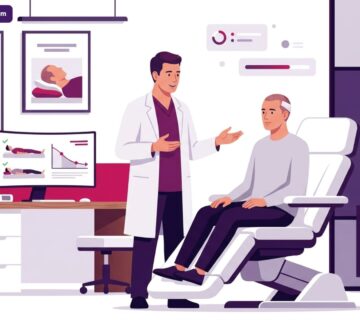 رسم توضيحي يظهر طبيباً يشرح للمريض طريقة النوم بعد عملية زراعة الشعر في عيادة طبية حديثة 