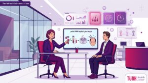 رسم توضيحي يظهر طبيب يشرح طريقة حقن البلازما PRP للشعر لمريض داخل عيادة طبية حديثة 