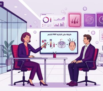 رسم توضيحي يظهر طبيب يشرح طريقة حقن البلازما PRP للشعر لمريض داخل عيادة طبية حديثة 