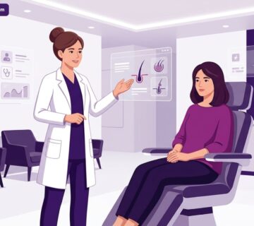 طبيب يشرح طريقة زراعة الشعر للنساء داخل عيادة طبية حديثة ومجهزة 