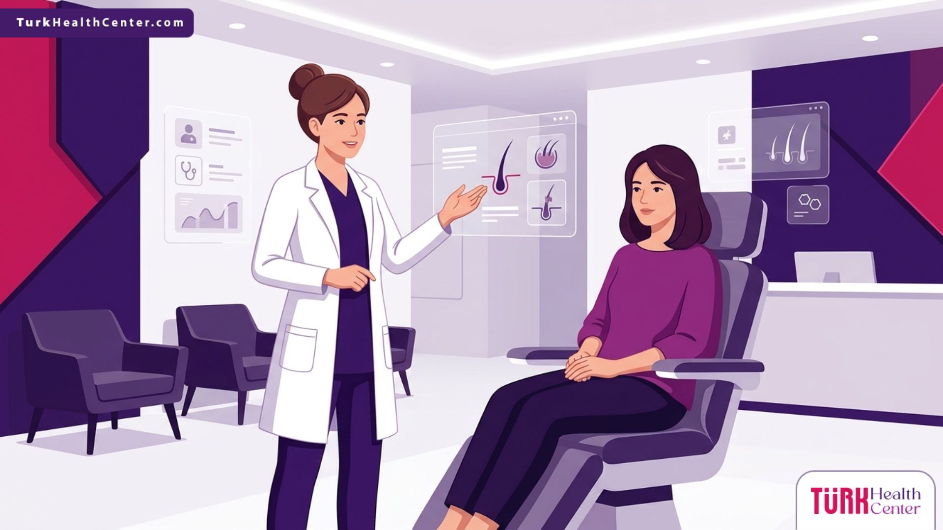 طبيب يشرح طريقة زراعة الشعر للنساء داخل عيادة طبية حديثة ومجهزة 