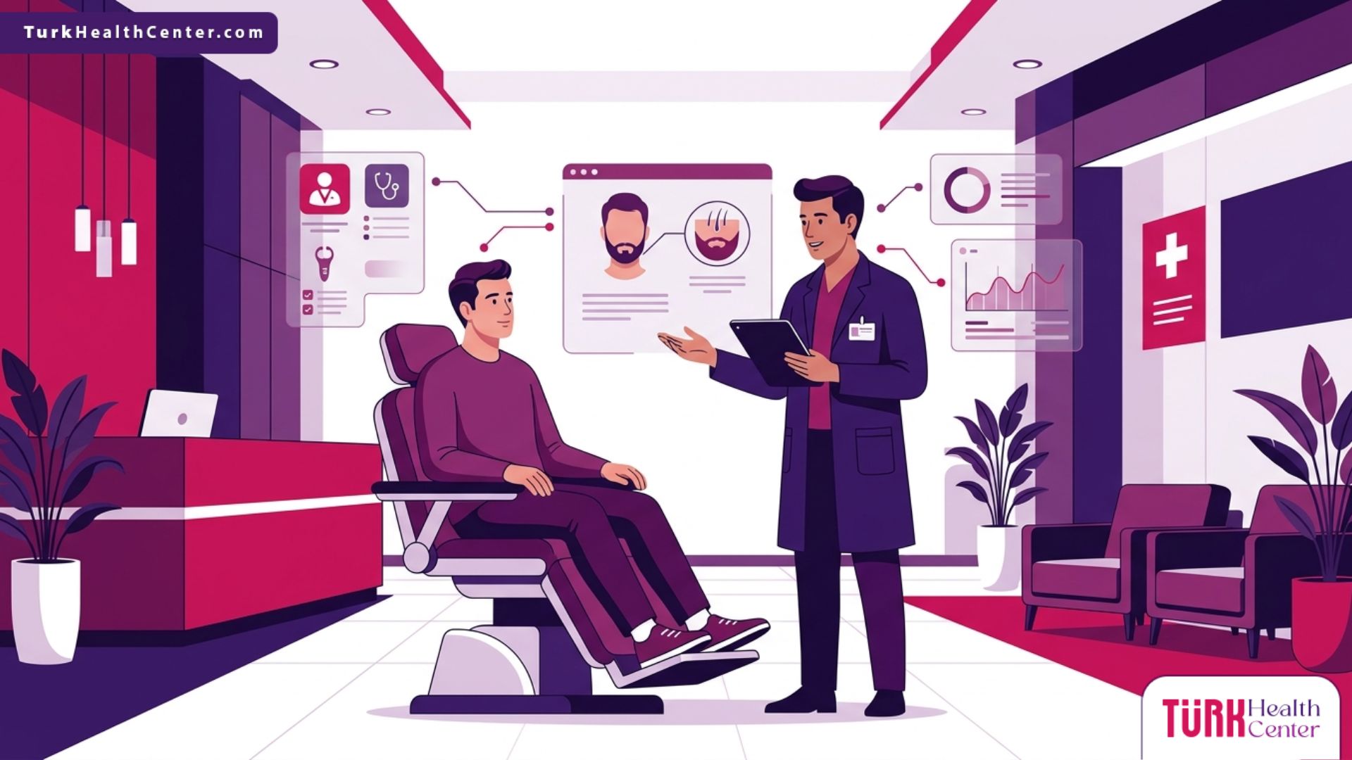 رسم توضيحي طبي فاخر يظهر طبيباً يشرح طريقة زراعة شعر الذقن لمريض في عيادة حديثة 