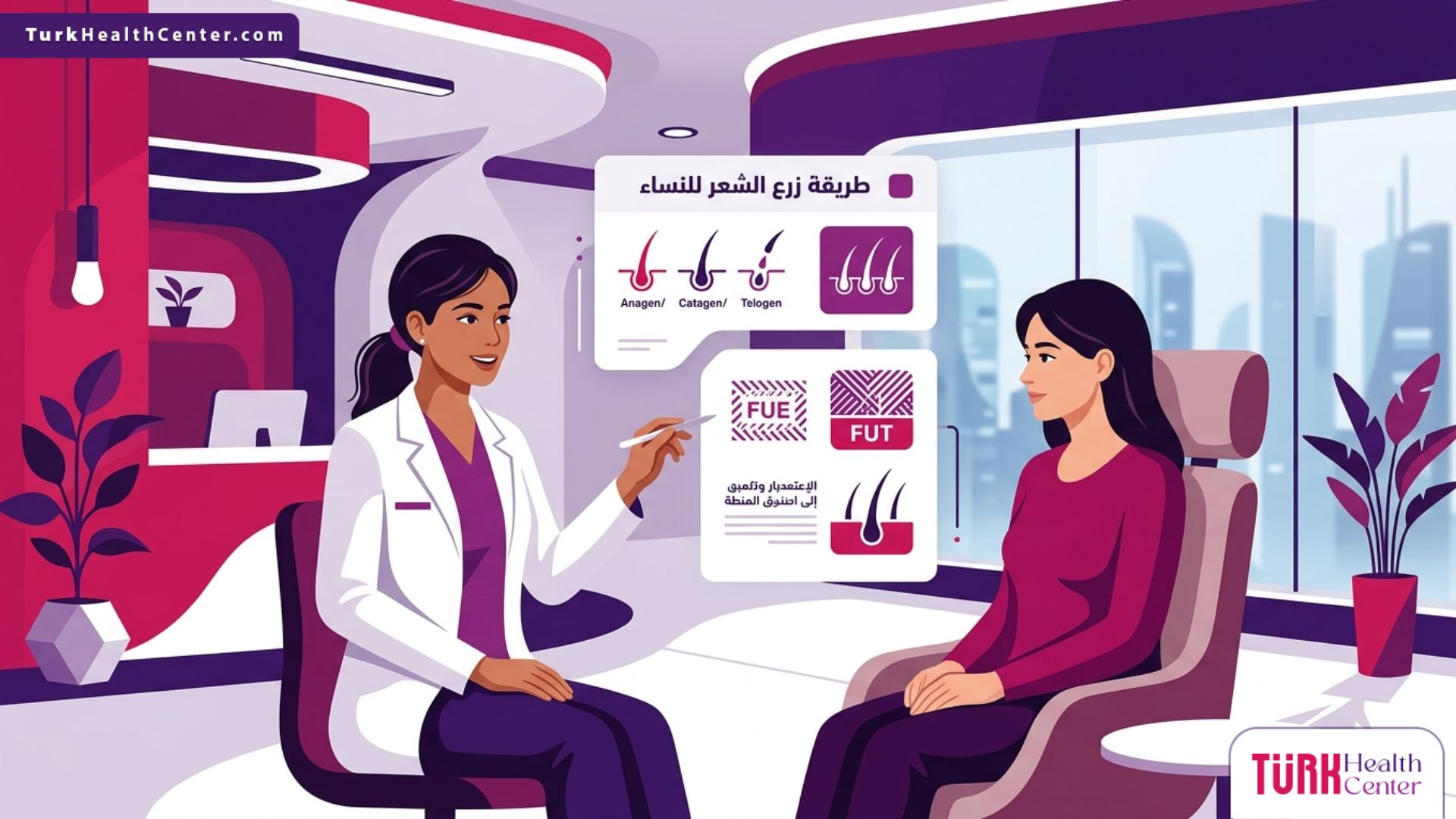 رسم توضيحي لعيادة طبية فاخرة يظهر طبيباً يشرح طريقة زرع الشعر للنساء لمريضة 